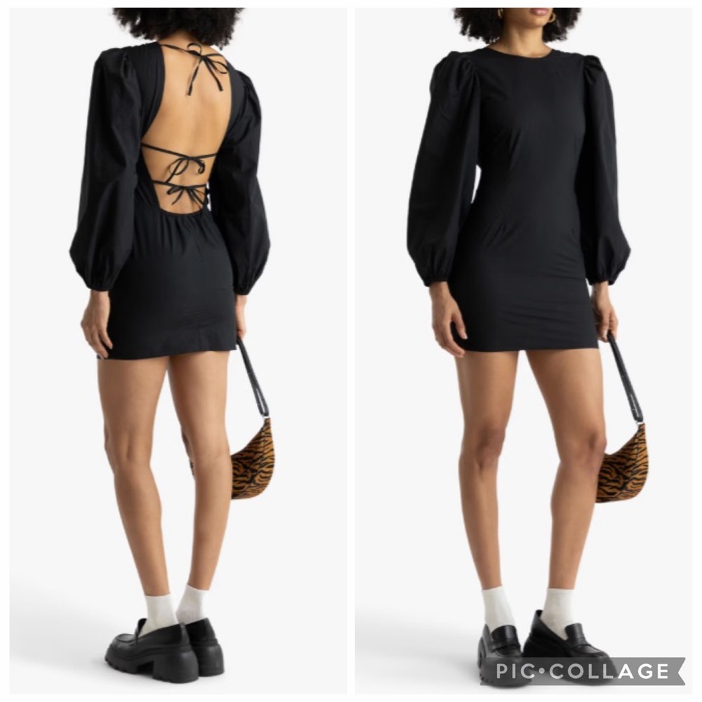 Ganni Sleek Minimalist Poplin Open Back Puff Sleeve Black Mini Dress Size 38 Us8